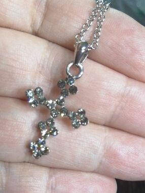 Sparkling Grey Crystals On Cross Pendant On Silver Tone Chain Necklace